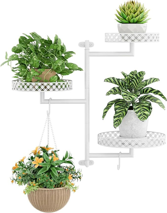 OVICAR Rotating Window Plant Shelves - Indoor Wall Plant Stand 3-Tier Floral Metal Window Shelf Holder for Multiple Plants with Hanging Hooks Home Decor White