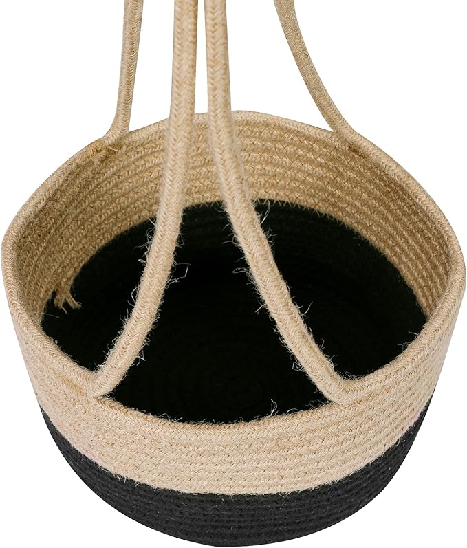 Hanging Planter Basket Jute Rope Woven Plant Hangers Indoor Hanging Plant Holder Up to 7" Pot Macrame Modern Storage Organizer Home Decor (Jute-Black)