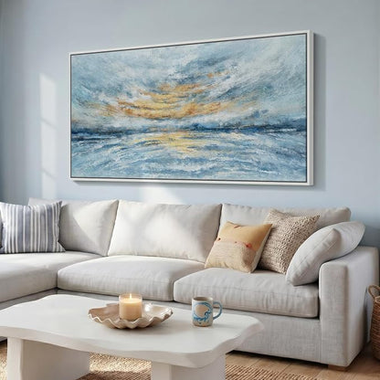 Extra Large Framed Blue Gold Abstract Wall Art - Image 2