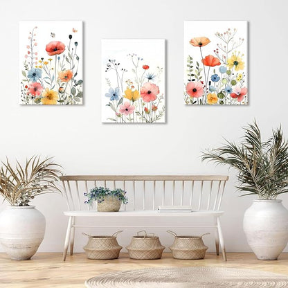 KISSFOX Framed Colorful Wildflower Canvas Wall Art Set Of 3 Flowers Pictures - Image 2