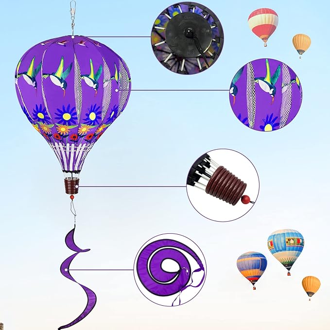 2 PCS Gaint Hot Air Balloon Wind Spinners 59 inch Garden Wind Spinner Large Hummingbird Ladybug Spinners Hanging Wind Socks Twisted Whirlygig Windmill for Yard Garden Lawn Outdoor Decorations
