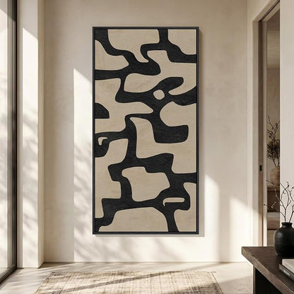 Large Framed Neutral Abstract Wall Art, Vertical Black Beige Geometric Canvas by Cuspin