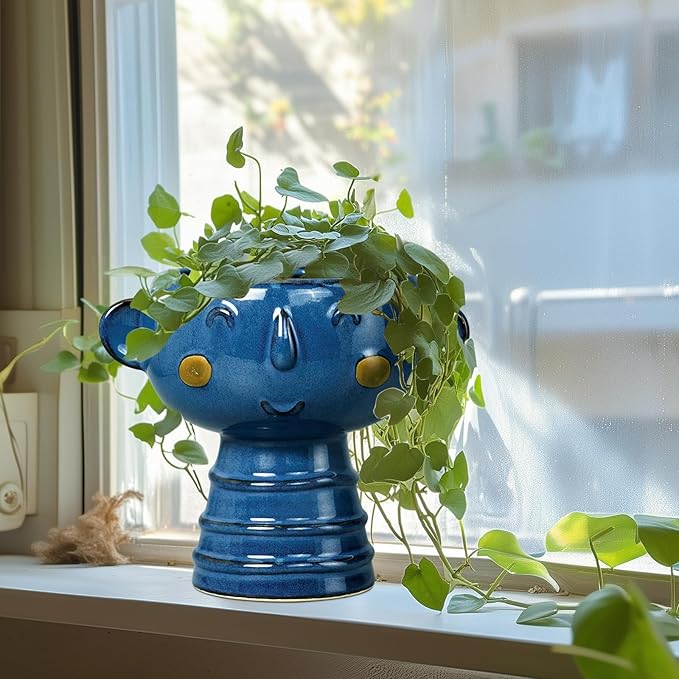 Face Planter Pot Head 7 Inch - Cute Ceramic Head Planter for Indoor Outdoor Plants Unique Flower Pot with Drainage Hole Gift Ideas for Christmas Blue