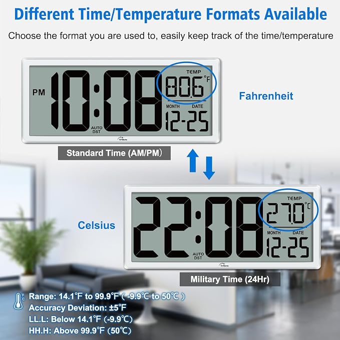 WallarGe Backlight Digital Wall Clock Battery Operated - - Image 6