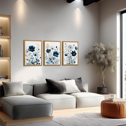 LLEEMPI Navy Blue Floral Wall Art Set of 3, Modern Wildflower Wall Decor - Image 3