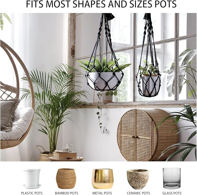 Artilady Black Plant Hanger Macrame Hanging Planter for Indoor Boho Plants Holder with Hooks Hanging Plant Basket Outdoor Window Wall Plants Home Decor