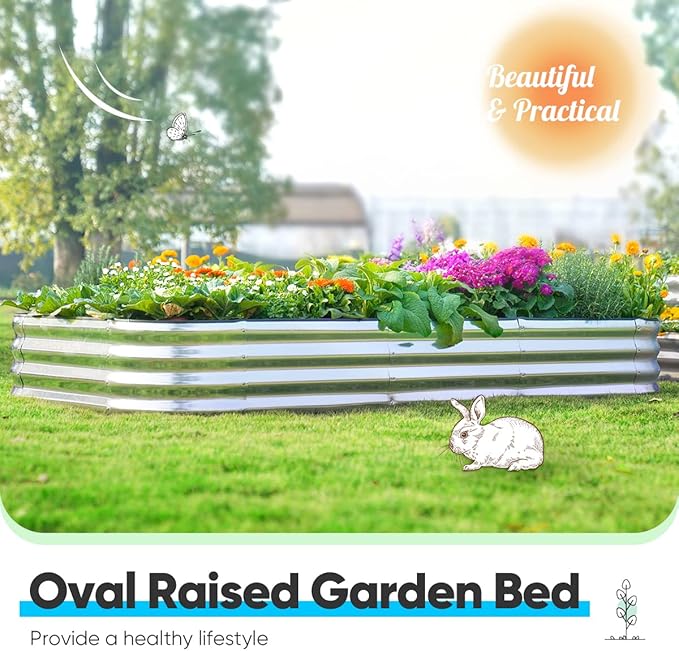 Quictent Galvanized Raised Garden Bed Kit, 8x4x1 ft Oval Metal Planter Box for Vegetables, Rubber Strip Edging Included (Silver)