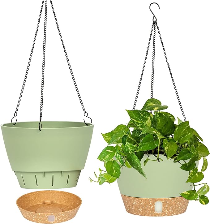 QCQHDU 2 Pack 10 inch Hanging Planters for Indoor Plants, Outdoor Hanging Baskets, Self Watering Pots with Drainage Holes & Removable Tray (Green, 10 inch)