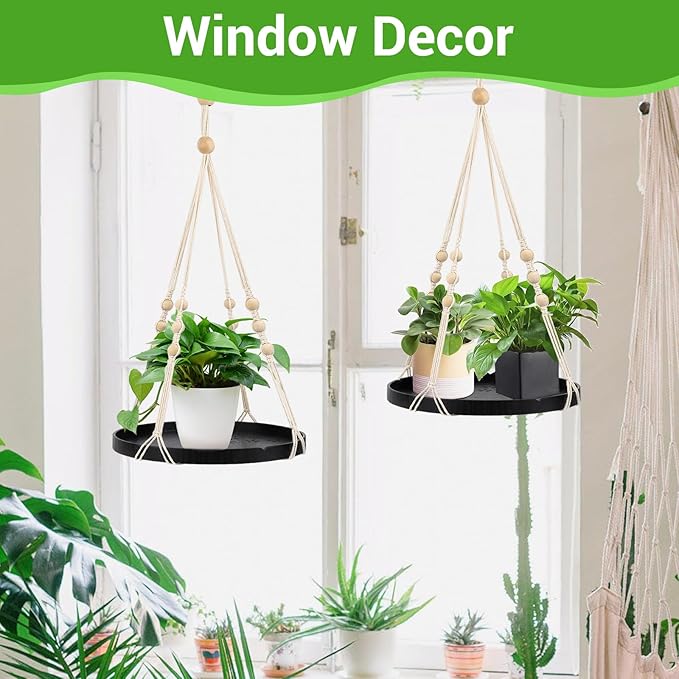 SUREAM Indoor Hanging Planter Shelf, Black Macrame Plant Hanger, Handmade Cotton Plant Hangers with Wood Tray, Planter Flower Pots Holder for Window Wall Ceiling Home Porch Patio Decor