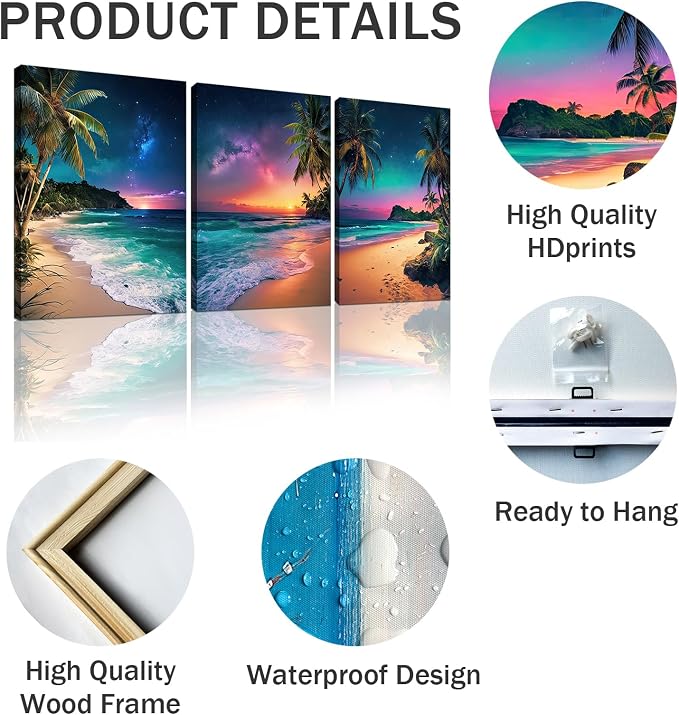 Sunset Ocean Canvas Wall Art Tropical Beach Prints Painting Palm Coconut Tree - Image 4
