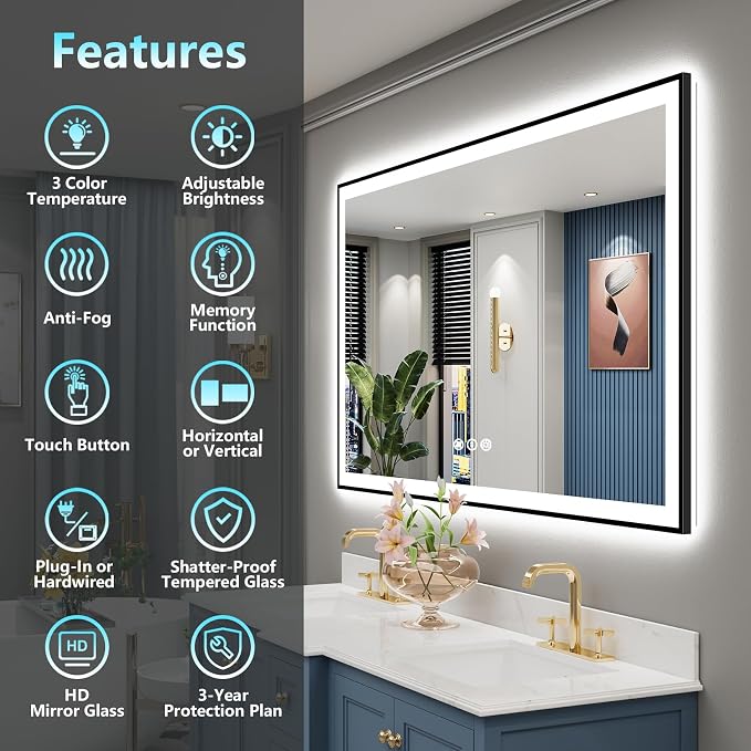60x36 Black Framed LED Bathroom Mirror - Image 2