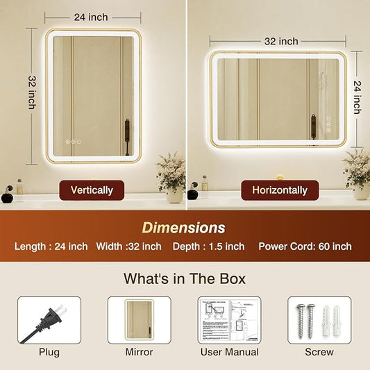 24x32 Inch Gold Framed LED Bathroom Mirror - Image 2