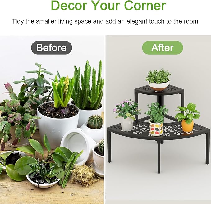 aboxoo 2 Tier Plant Stand Flower Pot Rack for Patio,Metal Stair-Step Style Corner Shelf Planters,Hevay Duty Plant Stand,Quarter Round Display Holder for Indoor Outdoor Use(Black)