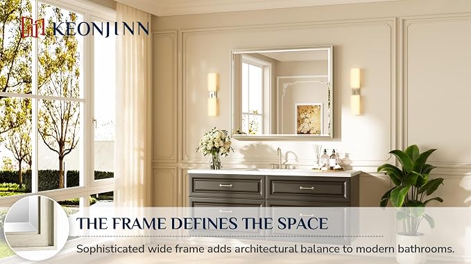Keonjinn 42" x 36" Brushed Nickel Bathroom Vanity Mirror, Large Silver Bathroom - Image 7