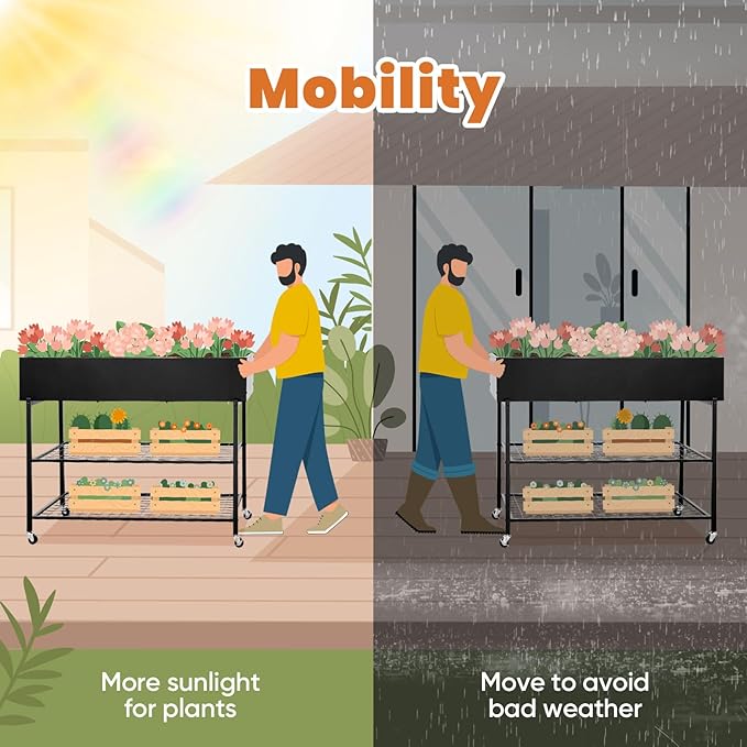 KING BIRD Raised Garden Bed with Legs & Double-Layer Storage Shelf, Galvanized Elevated Planter Box with Lockable Wheels for Backyard, Patio, Balcony, 400lb Capacity, Black, 48x24x38 in