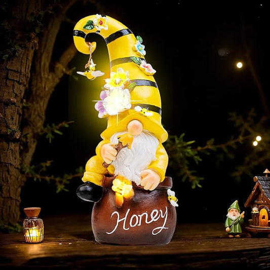 13" Garden Solar Spring Gnomes Statues Outdoor Spring Decor with LED Lighted Bee and Flowers Funny Garden Sculpture for Patio Yard Lawn Decorations Gifts