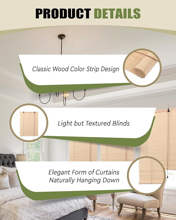 FoundGo Retro Bamboo Blinds 35" W x 72" H Bamboo Roman Shades Light Filtering - Image 3