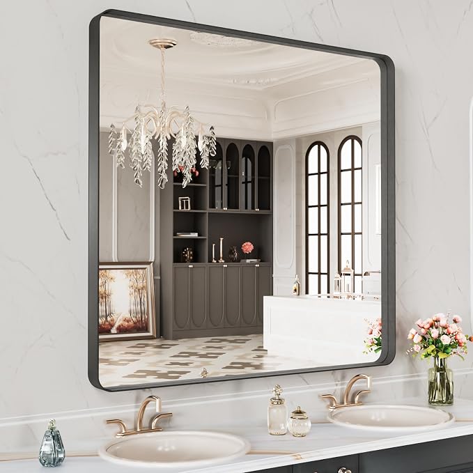 LOAAO 28X32 Inch Black Metal Framed Bathroom Mirror by LOAAO