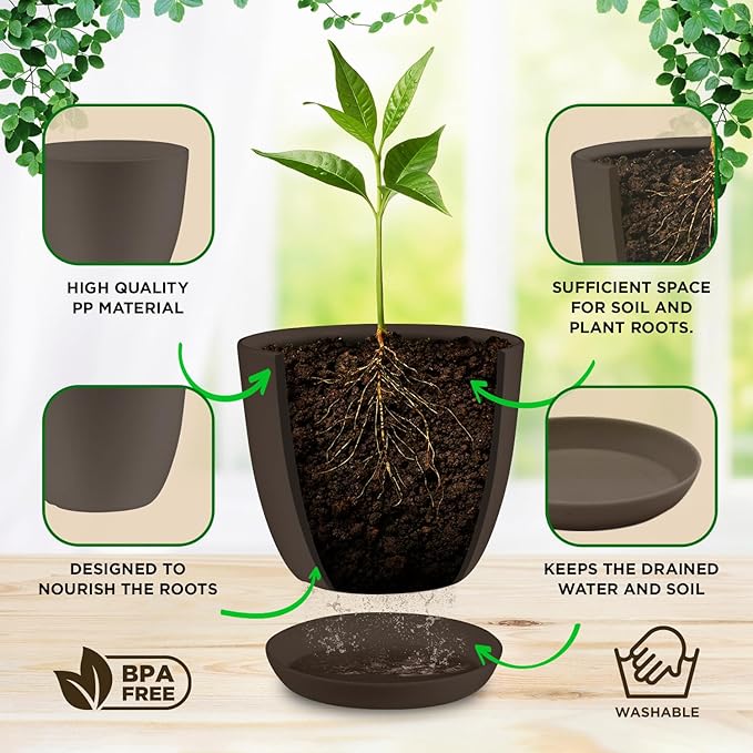 Planter Pots with Drainage Holes - Lightweight, Durable & Space-Saving Pots for Indoor and Outdoor - Versatile Functionality, Simple Modern Design, Set of 20 Plastic Planter Pots - Brown