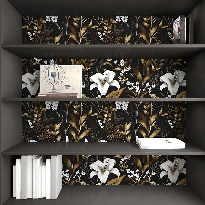 Laatse Black Gold Wallpaper Peel and Stick, Dark White Floral Vintage Contact - Image 5