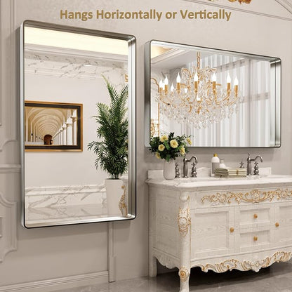LOAAO 60X30 Inch Brushed Nickel Bathroom Mirror, Rounded Rectangle Silver Metal - Image 4