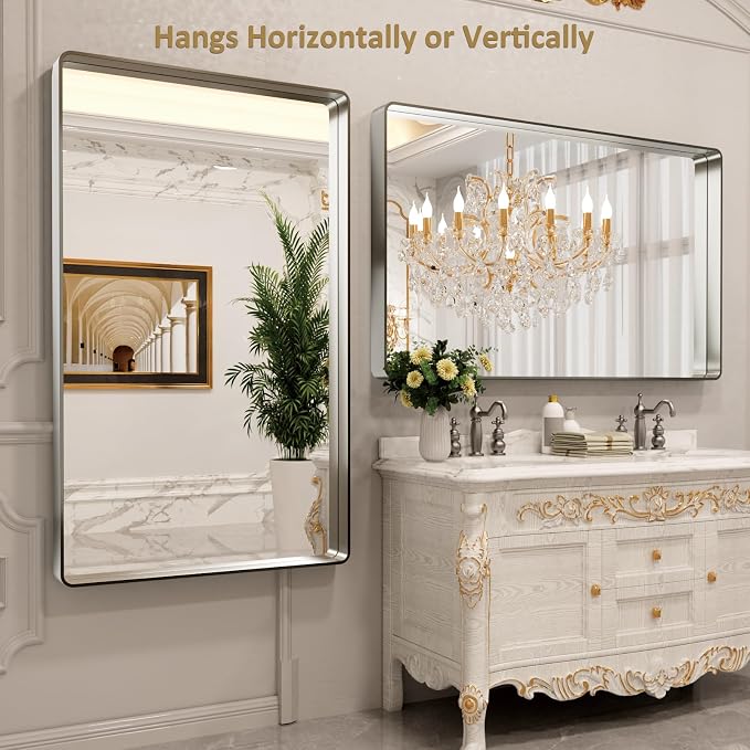 LOAAO 60X28 Inch Brushed Nickel Bathroom Mirror, Rounded Rectangle Silver Metal - Image 4