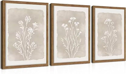 Framed Boho Botanical Flower Wall Art Set of 3, Vintage Minimalist Neutral by Unknown