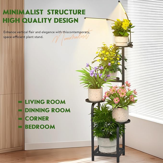 TOSKING 48" Tall Plant Stand with Grow Lights - 5-Tier Corner Plant Shelf with LED Full Spectrum Lights with Dimmer & Timer, Multi-Functional Corner Plant Stand for Home, Office, Balcony (Grow Light 5 Tier-Black)