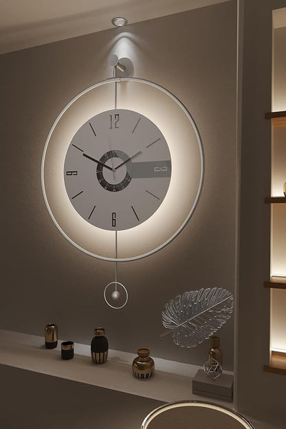 Large Luxury LED Backlit Wall Clock – Pendulum Roman Numeral Metal Ring by Unknown