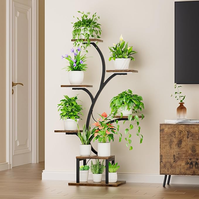 Plant Stand Indoor with Grow Lights, 7 Tiered Indoor Plant Shelf, 49" Corner Plant Stands for Indoor Plants, Metal Plant Flower Display Shelves, Tree-Shaped Plant Rack for Home, Patio, Black