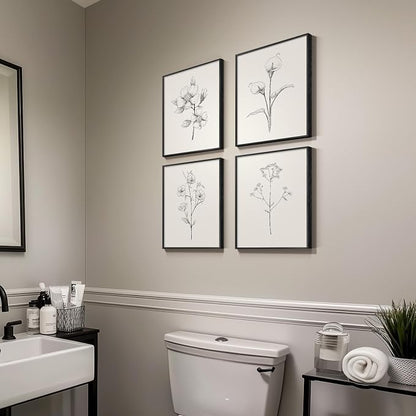Framed Black and White Floral Wall Art, 4 Piece Vintage Gray Botanical Canvas - Image 4