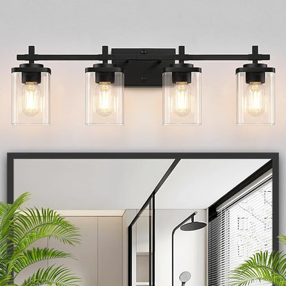 4-Lights Matte Black Bathroom Light Fixture, Modern Black Vanity Lights Over by Spiglamm
