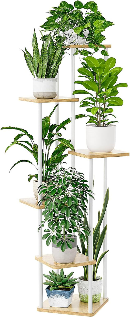 Bamworld Tall Plant Stand Indoor, 6 Tier Metal Plant Shelf for Multiple Plants, Corner Tiered Flower Stand for Patio Garden Balcony Living Room Bedroom(White)