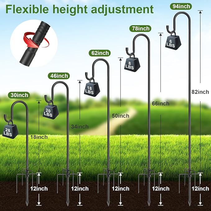Hummingbird Feeder Pole for Outdoors - Heavy Duty Bird Feeder Stand with Adjustable Stake,62"Rustproof Shepards Poles with Hangers Holder for Birdfeeder,Wind Chimes,Lanterns,Wreaths,Black