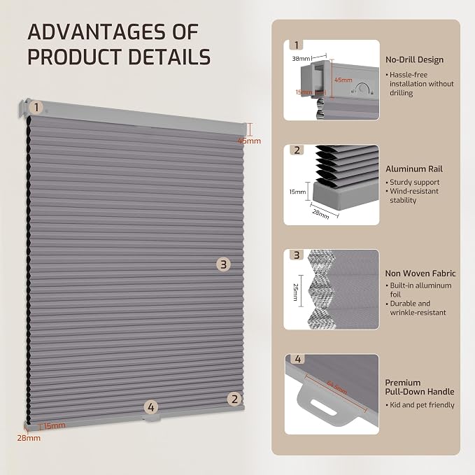 Grandekor No Drill No Tools Cordless Cellular Shades, 45.5" W x 64" H, UV - Image 9