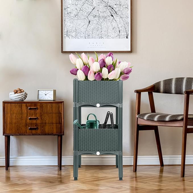 MAYOLIAH Raised Garden Bed with Drainage Elevated Planter Box Plastic Raised Beds for Gardening Vegetables Herb Flowers, Perfect for Indoor Outdoor Planting, 2 Boxes Grey