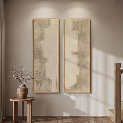 Long Narrow Framed Neutral Abstract Vertical Wall Art Set of 2, Oversized by Cuspin