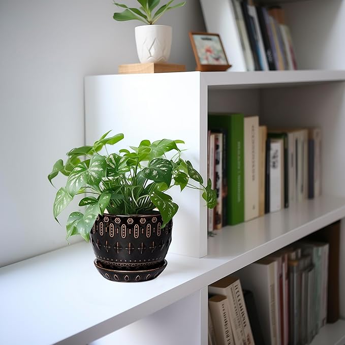 G EPGardening Ceramic Pot for Plants 5.5 Inch - Ceramic Plant Pot Indoor with Drainage Hole and Saucer, Round Boho Planter for Indoor Plants Outdoor, Housewarming Gifts, Garden Office Decor, Black