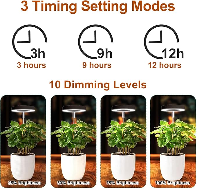 Grow Lights for Indoor Plants Small Potted - Full Spectrum, Auto 3/9/12H Timer, 10-Level Dimming & Adjustable Height - Compact Grow Light for Succulents, Herbs, Foliage in Home/Office (Black,1PACK)