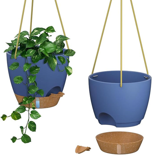 ZMTECH 10 Inch Hanging Planters for Indoor Outdoor Plants, 2 Pack Self Watering Hanging Plant Pots with Drainage Holes and Removable Saucer, Plastic Flower Hanging Pots with Watering Lip (Blue)