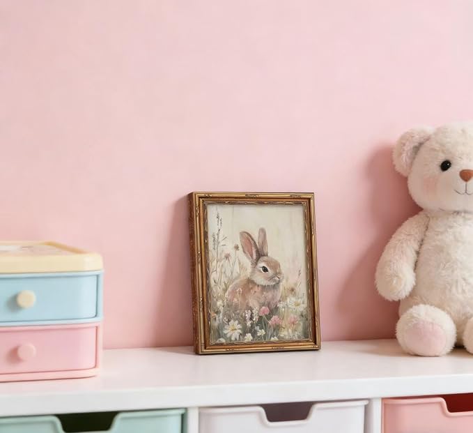 Vintage Gold Framed Easter Bunny Wall Art Spring Rabbit and Wildflowers - Image 8