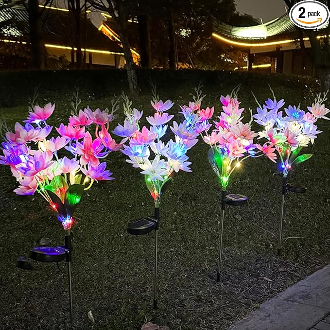 GUOCHENG 4 Pack Solar Flower Lights Outdoor Garden, Denser 5-Head Snow Lotus Solar Flower Decor, 4-Color Light & 2 Lightning Modes for Outside Yard Patio Cemetery Decorations(Colorful)