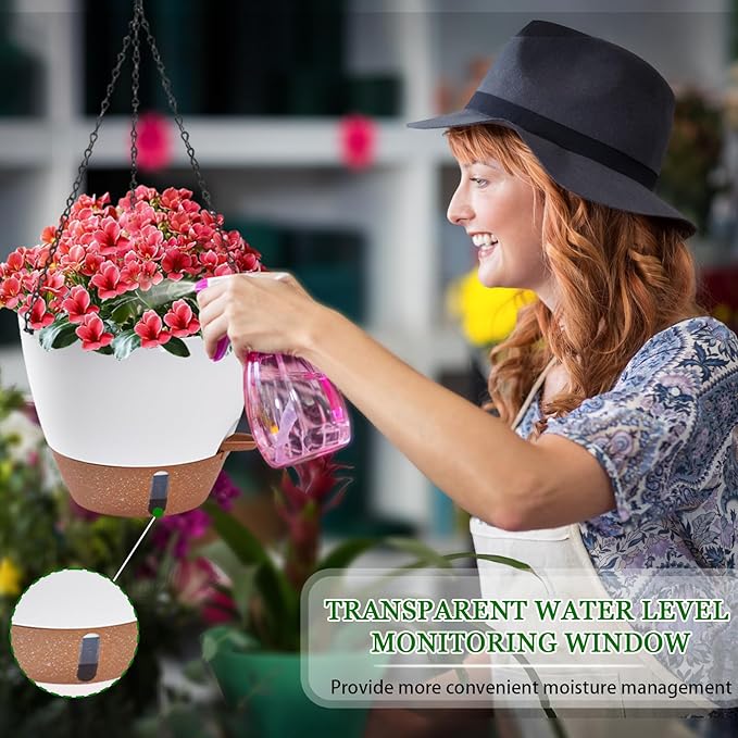 10 Inch Hanging Planters for Indoor Plants, 2 Pack Self Watering Hanging Baskets Flower Pots with Drainage Hole, Visual Reservoir & 2 Kinds of Plant Hanger for Outdoor Garden Home Decor