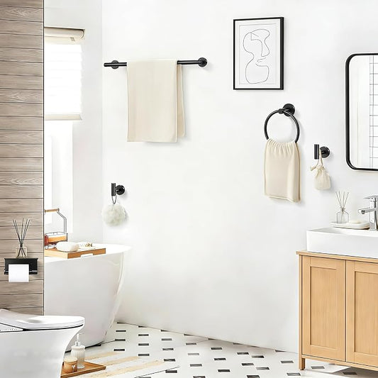5-Piece Matte Black Bathroom Accessories Set, 24-Inch Wall-Mounted Towel Bar - Image 2
