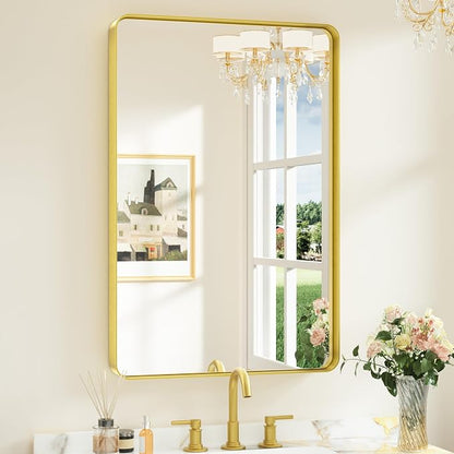 Keonjinn Gold Bathroom Mirrors for Over Sink 24 x 36 Inch Brushed Brass Metal by Keonjinn