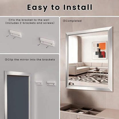 Amorho Bathroom Mirror, 28x32 Inch Silver Thick Metal Framed Wall Mirrors - Image 8