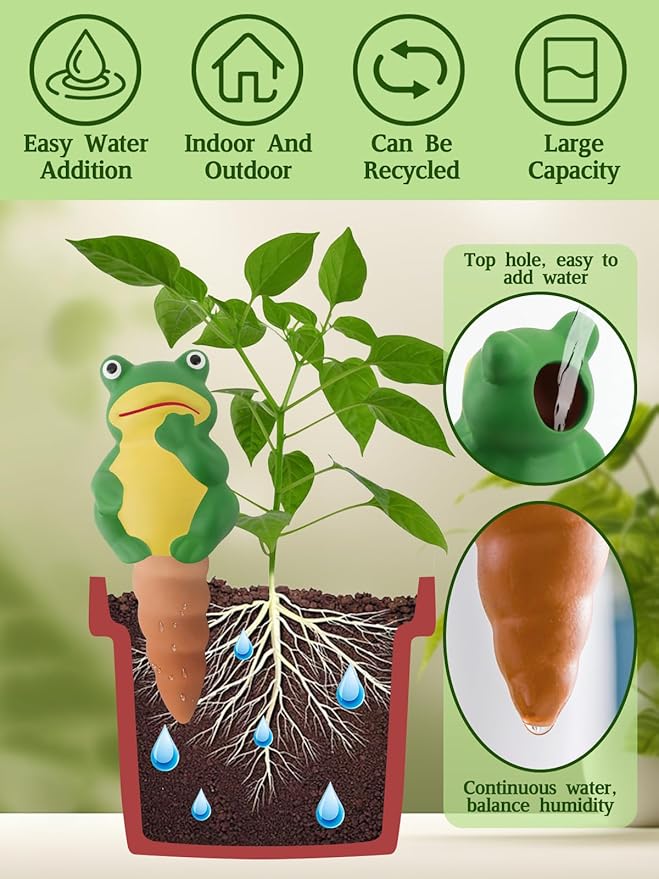 4Pcs Plant Watering Globes, Kalolary Frog Shape Self Watering Spikes Terracotta Drip Water Stakes Irrigation Watering Bulbs for Pot, Indoor, Outdoor, Vacation（Frog B）