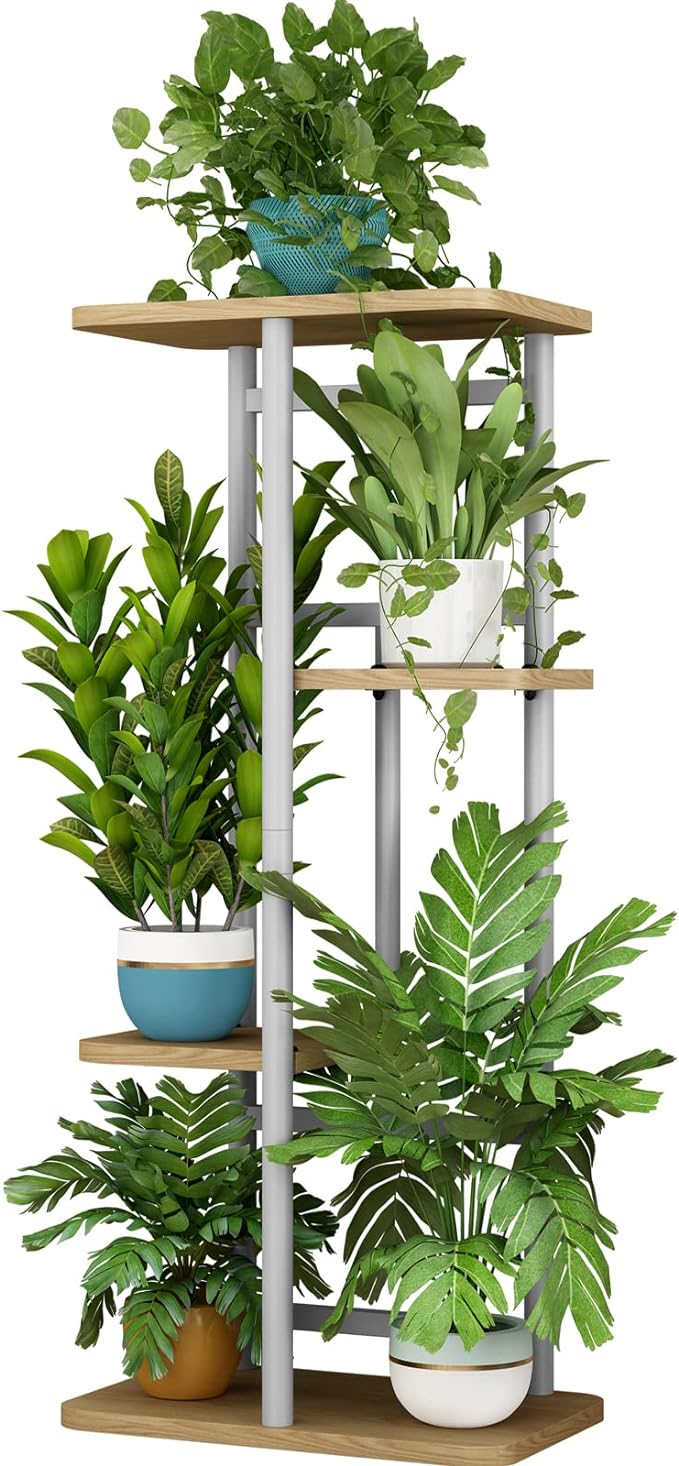 LINZINAR Plant Stand 4 Tier 5 Potted Indoor Plant Shelf Multiple Stands for Garden Corner Balcony Living Room (4 Tier 5 Potted, White)