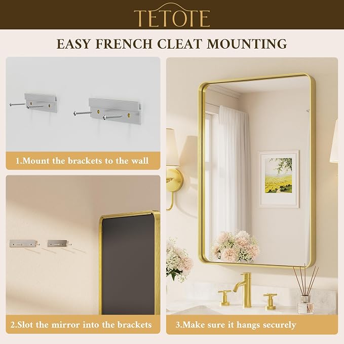 TETOTE 40 x 30 Inch Gold Bathroom Mirror, Brushed Brass Metal Frame Mirror - Image 7
