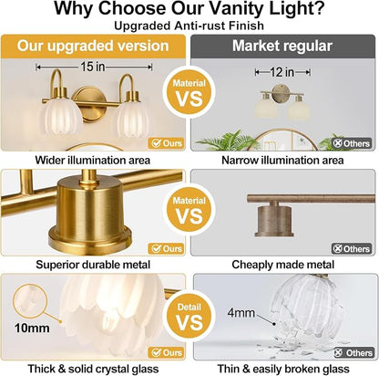 2-Light Bathroom Vanity Light, Brushed Gold Bathroom Light Fixtures - Image 2